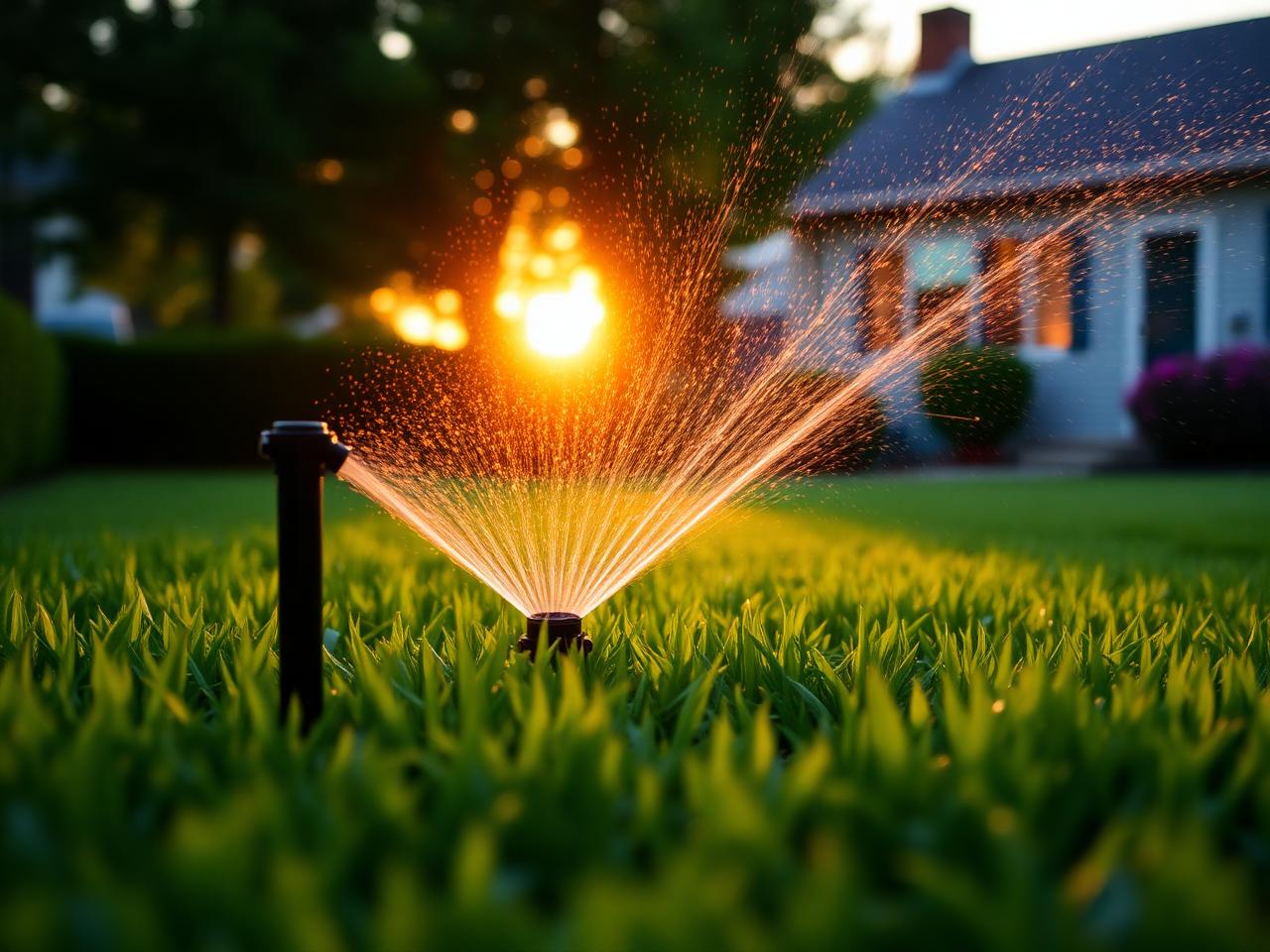 Sprinkler watering lush green lawn