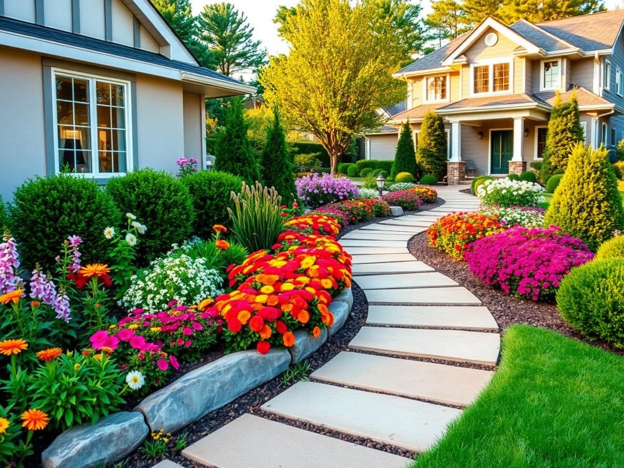 Designed landscape with stone path and colorful flower beds
